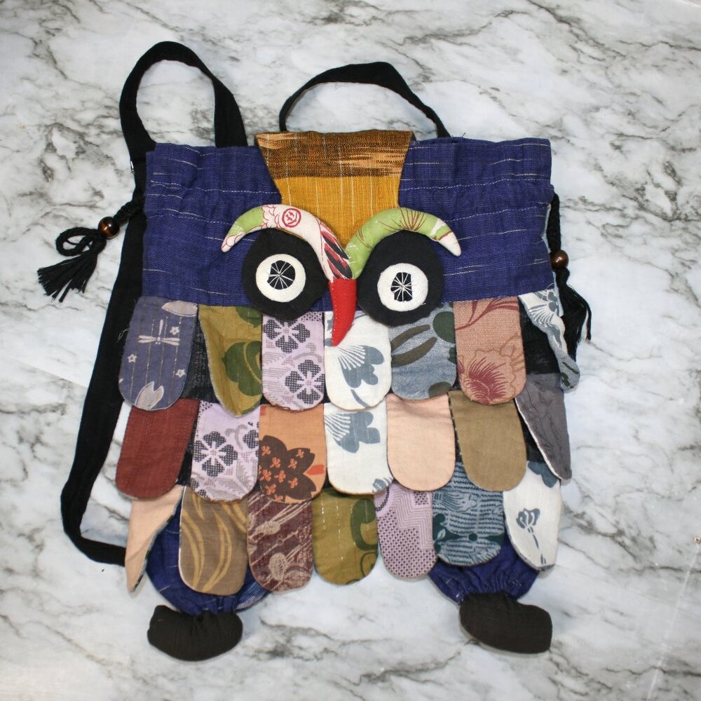 ARTISAN Backpack Owl Denim Purse Hobo Boho Blue Jean Fabric Handmade Bag